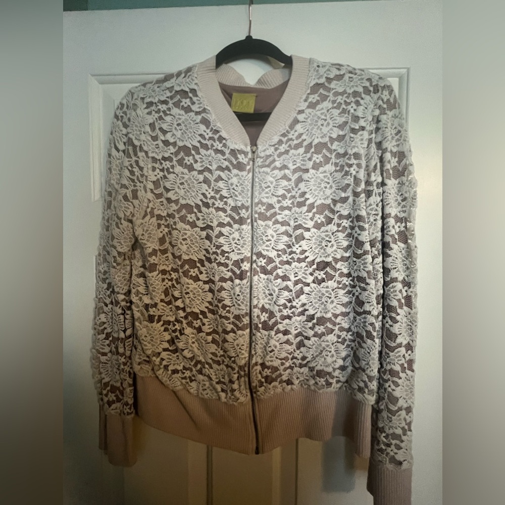 Taupe and cream zip up lace cardigan